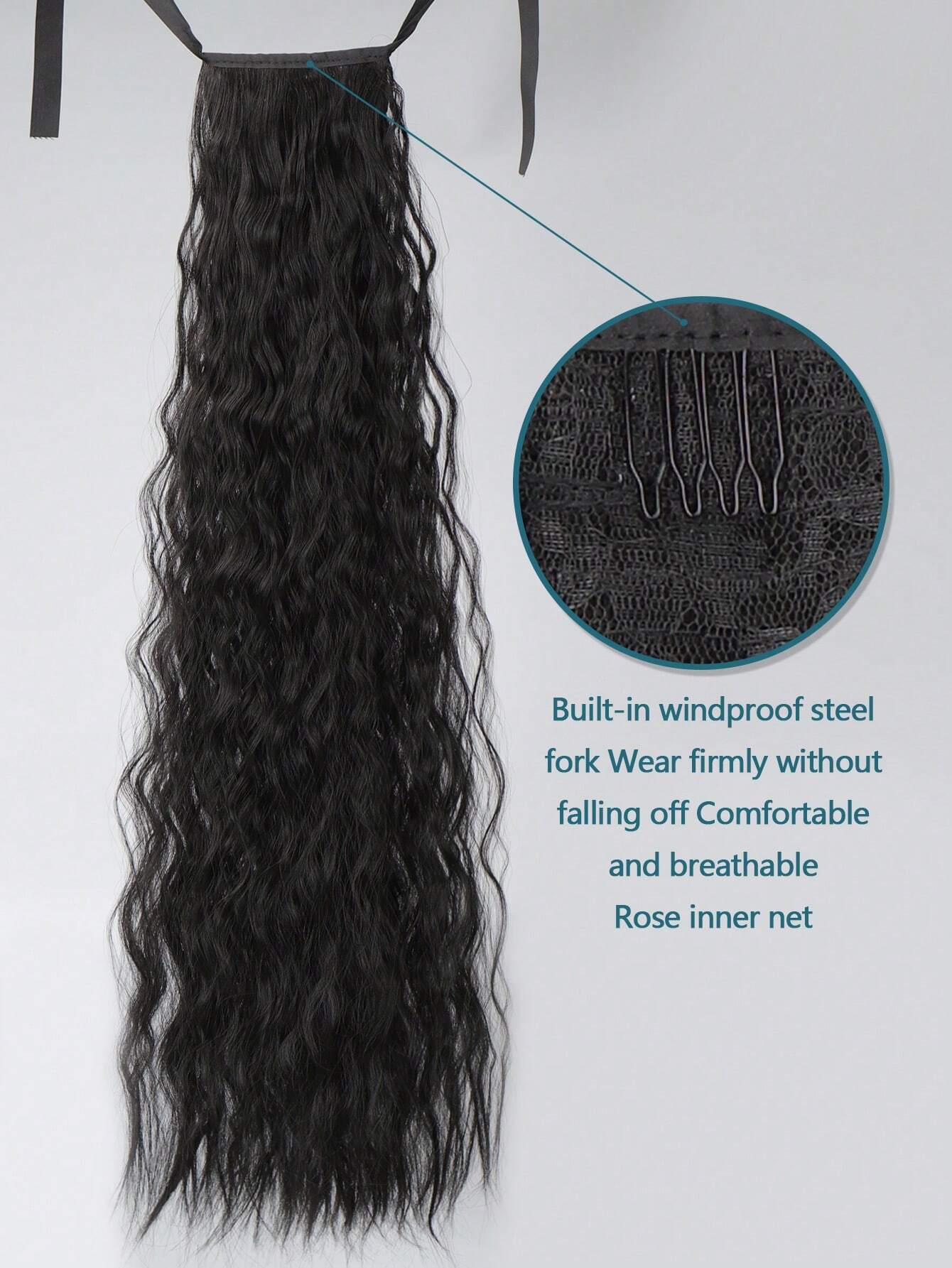 Water Wave Ponytail Extension for Black Women, 3C Corn Wave Brazilian Hair Ponytail Hairpiece, Natural Color 10A Human Hair Corn Wave Ponytails